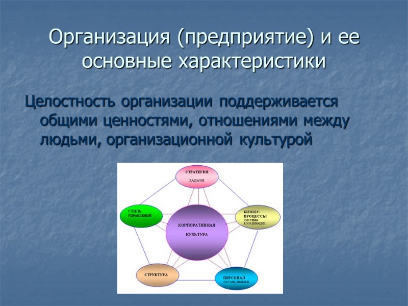 Организация (предприятие) и ее основные характеристики Целостность организации поддерживается общими ценностями, отношениями между людьми,